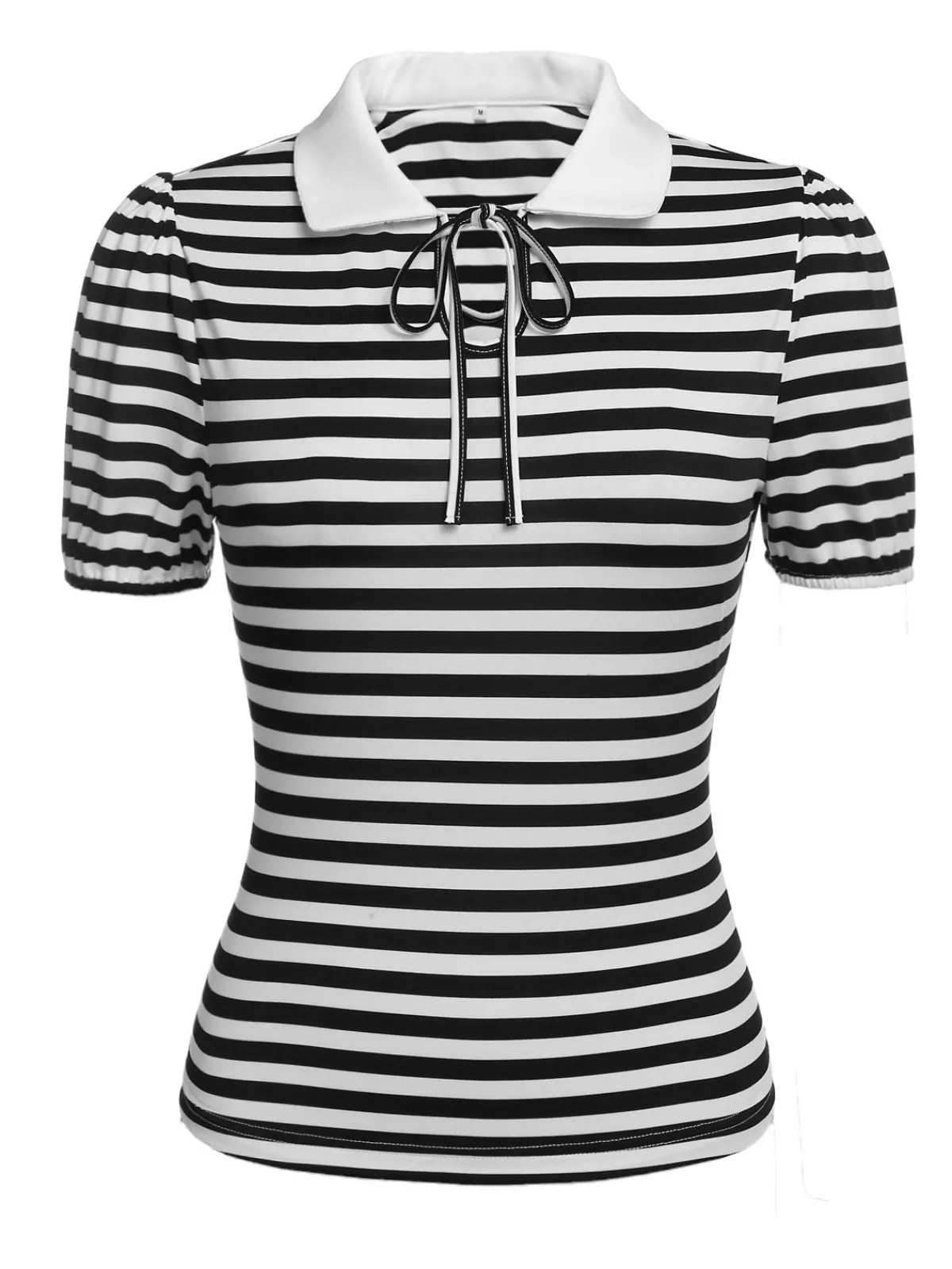 Sale Retro Stage 1950s Stripe Lapel Bow Knit Top Black-White