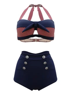 Discount Retro Stage 1950s Stripe Patchwork Bow Halter Bikini Navy Blue