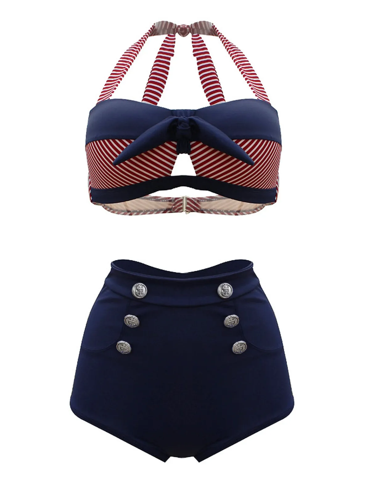 Discount Retro Stage 1950s Stripe Patchwork Bow Halter Bikini Navy Blue