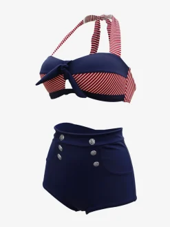 Discount Retro Stage 1950s Stripe Patchwork Bow Halter Bikini Navy Blue