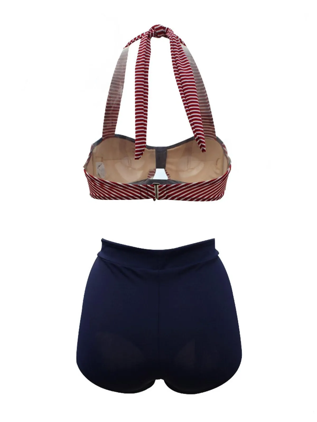 Discount Retro Stage 1950s Stripe Patchwork Bow Halter Bikini Navy Blue