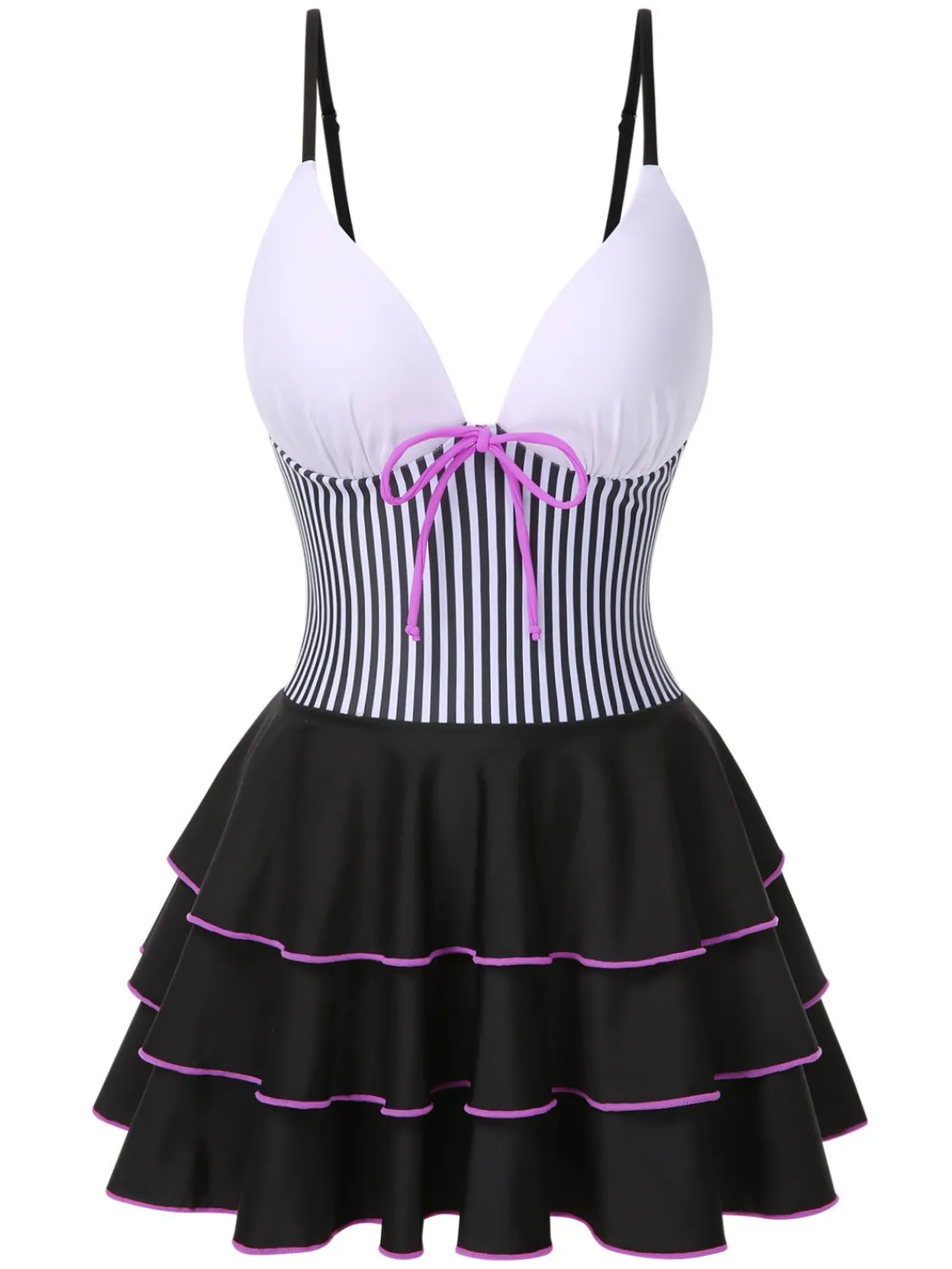 Fashion Retro Stage 1940s Stripe Patchwork Layered Hem Swim Dress Black