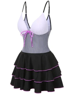 Fashion Retro Stage 1940s Stripe Patchwork Layered Hem Swim Dress Black
