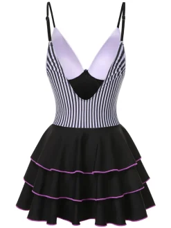 Fashion Retro Stage 1940s Stripe Patchwork Layered Hem Swim Dress Black