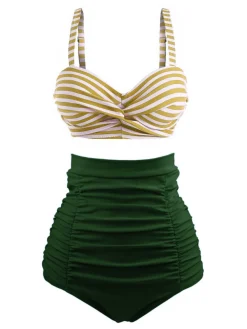 Best Retro Stage 1940s Striped Colorblock Vintage Bikini Set
