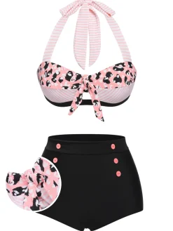 Hot Retro Stage 1950s Striped Patchwork Halter Swimsuit