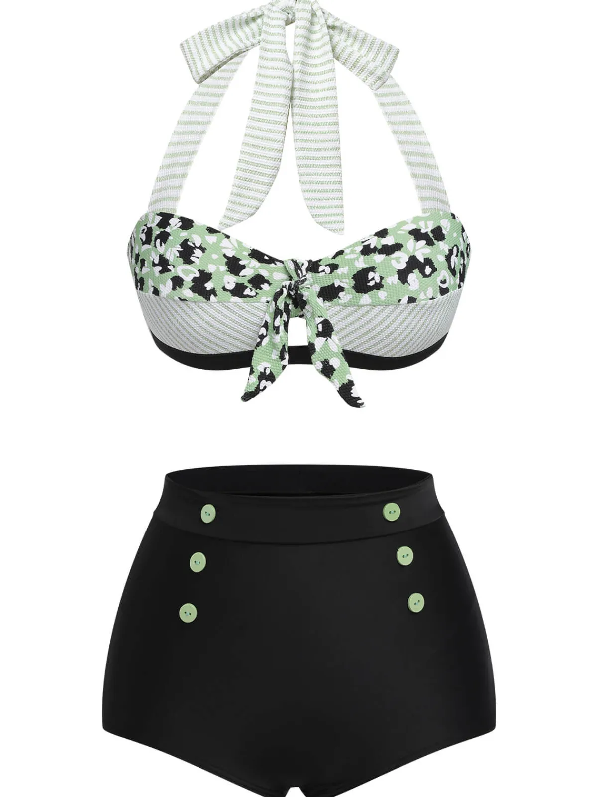 Hot Retro Stage 1950s Striped Patchwork Halter Swimsuit