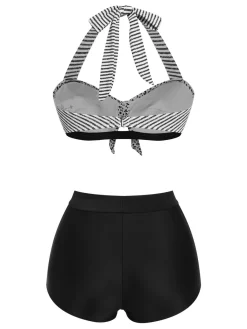 Hot Retro Stage 1950s Striped Patchwork Halter Swimsuit