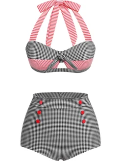 Hot Retro Stage 1950s Striped Patchwork Halter Swimsuit