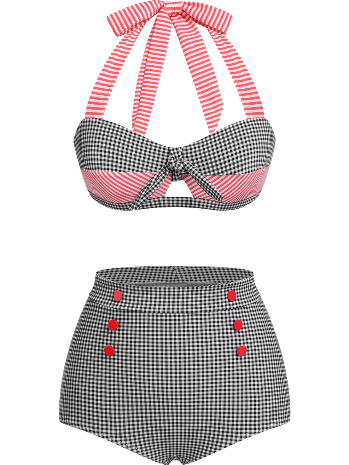 Hot Retro Stage 1950s Striped Patchwork Halter Swimsuit