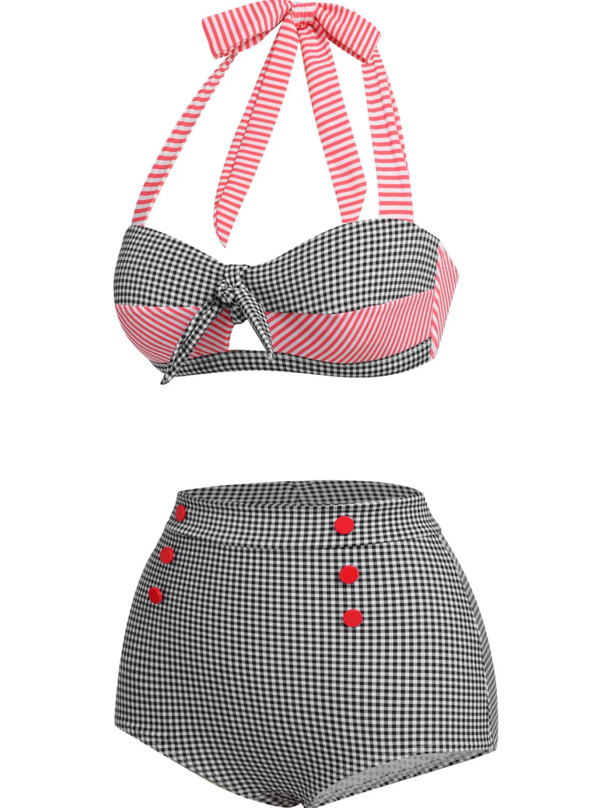 Hot Retro Stage 1950s Striped Patchwork Halter Swimsuit