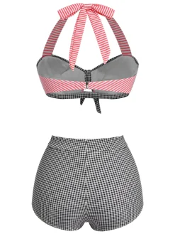 Hot Retro Stage 1950s Striped Patchwork Halter Swimsuit