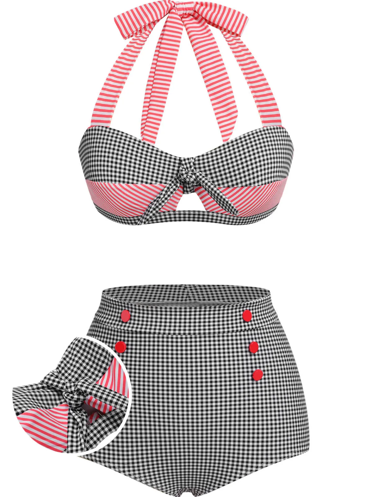 Hot Retro Stage 1950s Striped Patchwork Halter Swimsuit