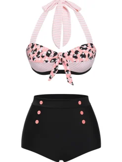 Hot Retro Stage 1950s Striped Patchwork Halter Swimsuit