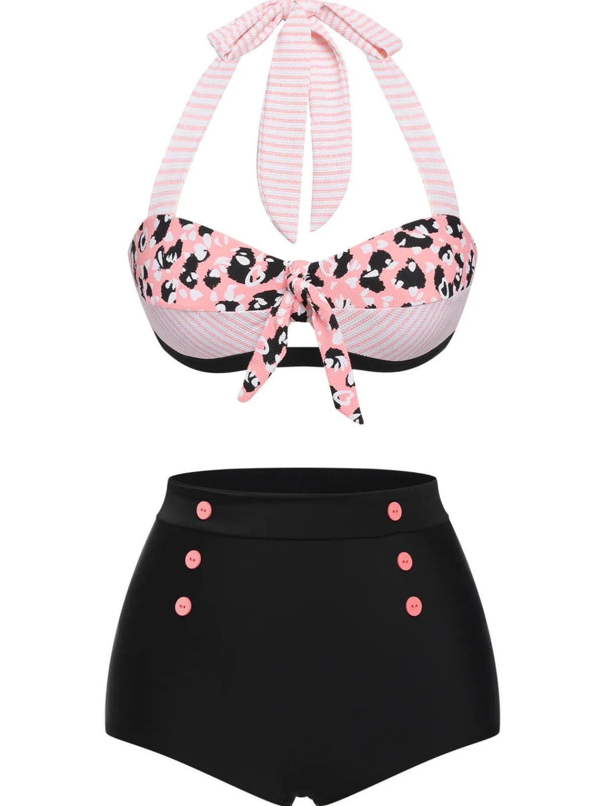 Hot Retro Stage 1950s Striped Patchwork Halter Swimsuit