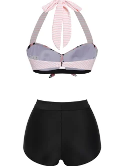 Hot Retro Stage 1950s Striped Patchwork Halter Swimsuit
