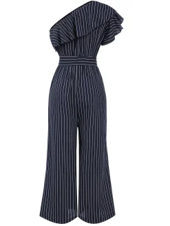 Best Retro Stage 1950s Striped Slanted Shoulder Ruffle Jumpsuit
