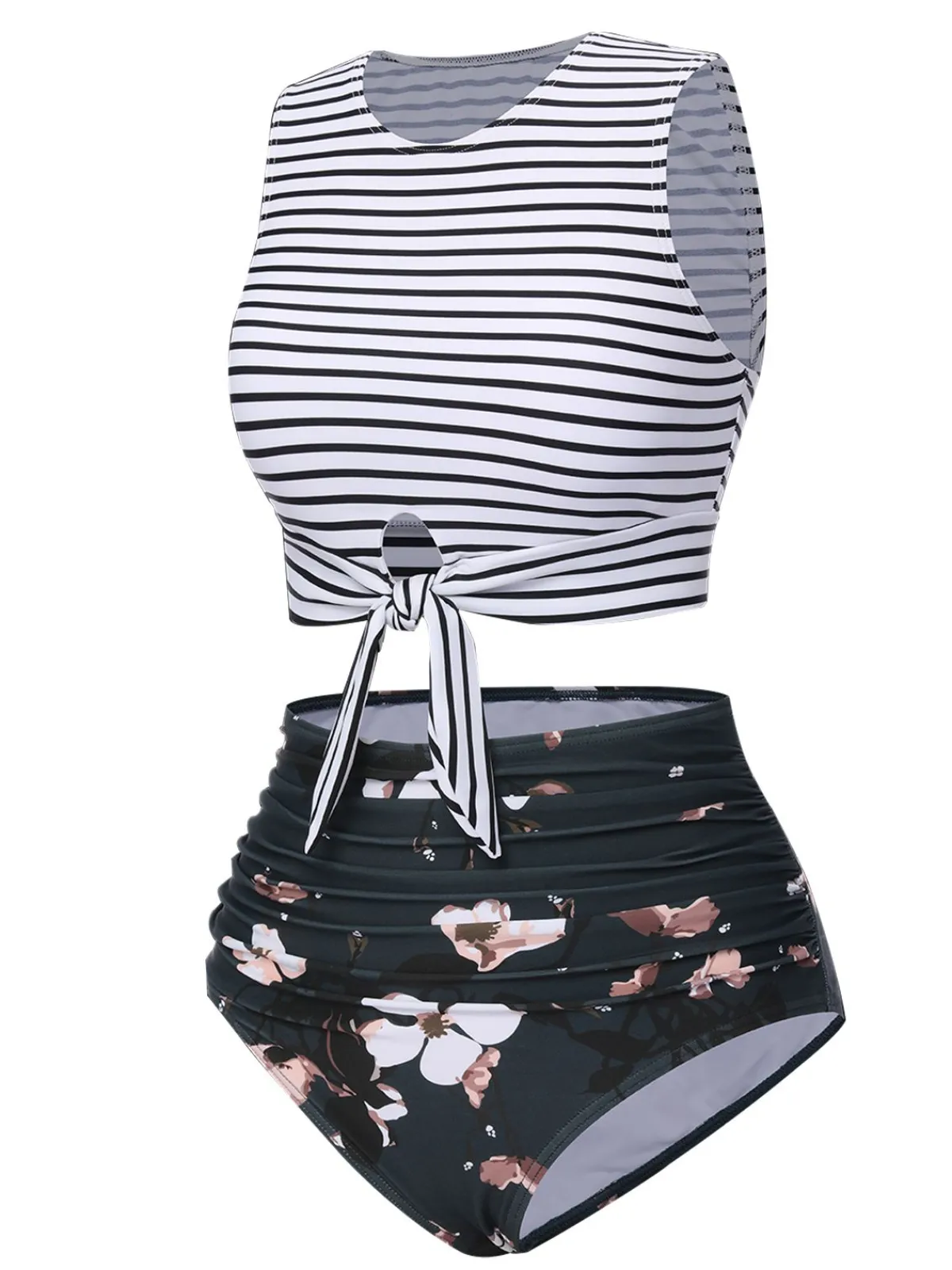 Clearance Retro Stage 1970s Striped Waist Tie Floral Tankini Set