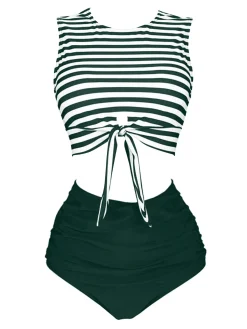 Clearance Retro Stage 1970s Striped Waist Tie Floral Tankini Set