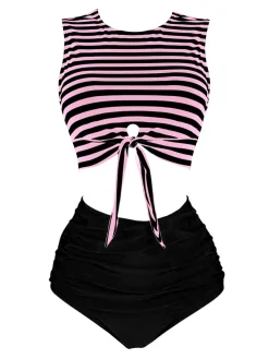Clearance Retro Stage 1970s Striped Waist Tie Floral Tankini Set