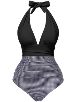Online Retro Stage 1940s Stripes Backless Halter Ruched Swimsuit