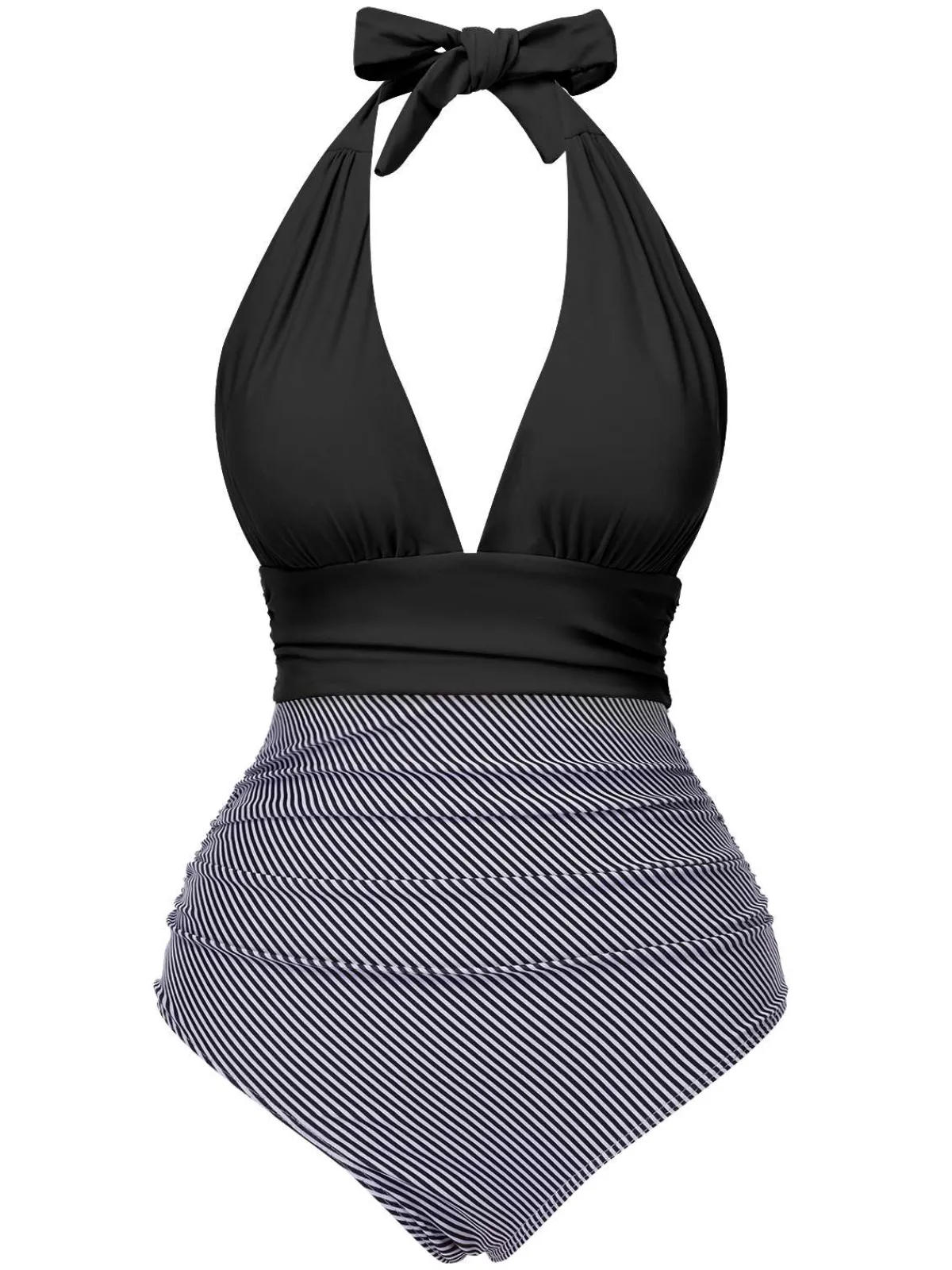 Online Retro Stage 1940s Stripes Backless Halter Ruched Swimsuit