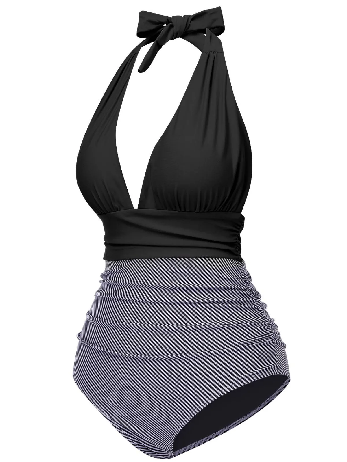 Online Retro Stage 1940s Stripes Backless Halter Ruched Swimsuit