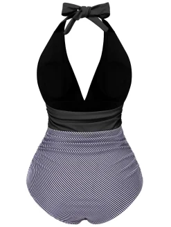 Online Retro Stage 1940s Stripes Backless Halter Ruched Swimsuit