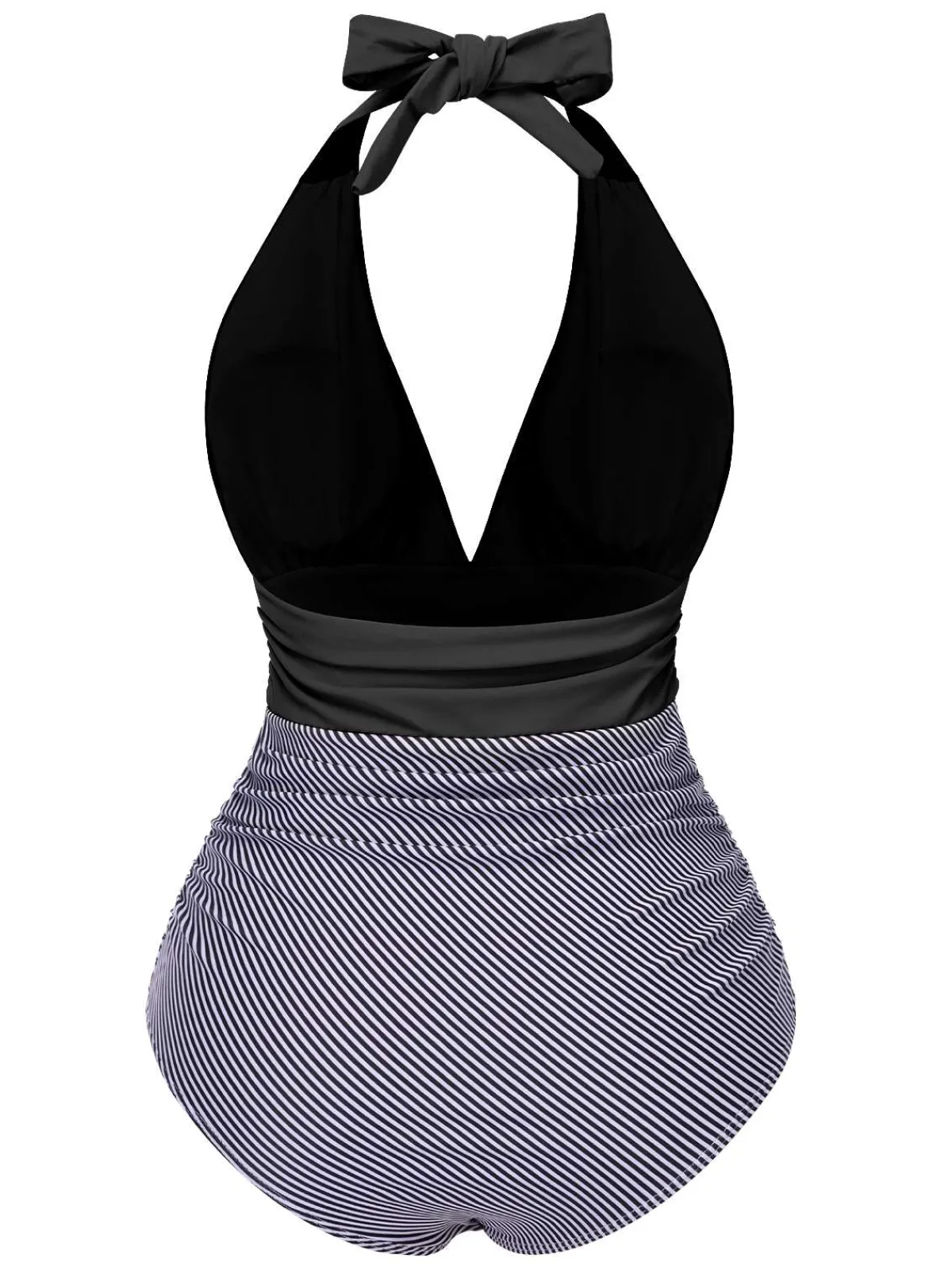 Online Retro Stage 1940s Stripes Backless Halter Ruched Swimsuit