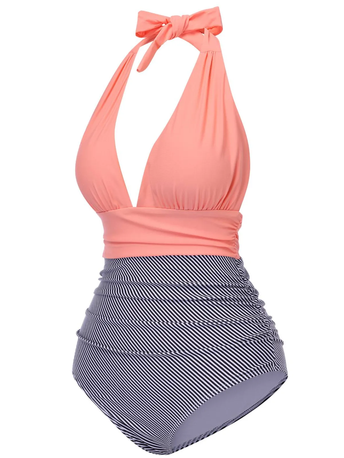 Online Retro Stage 1940s Stripes Backless Halter Ruched Swimsuit