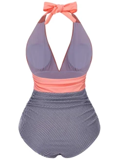 Online Retro Stage 1940s Stripes Backless Halter Ruched Swimsuit