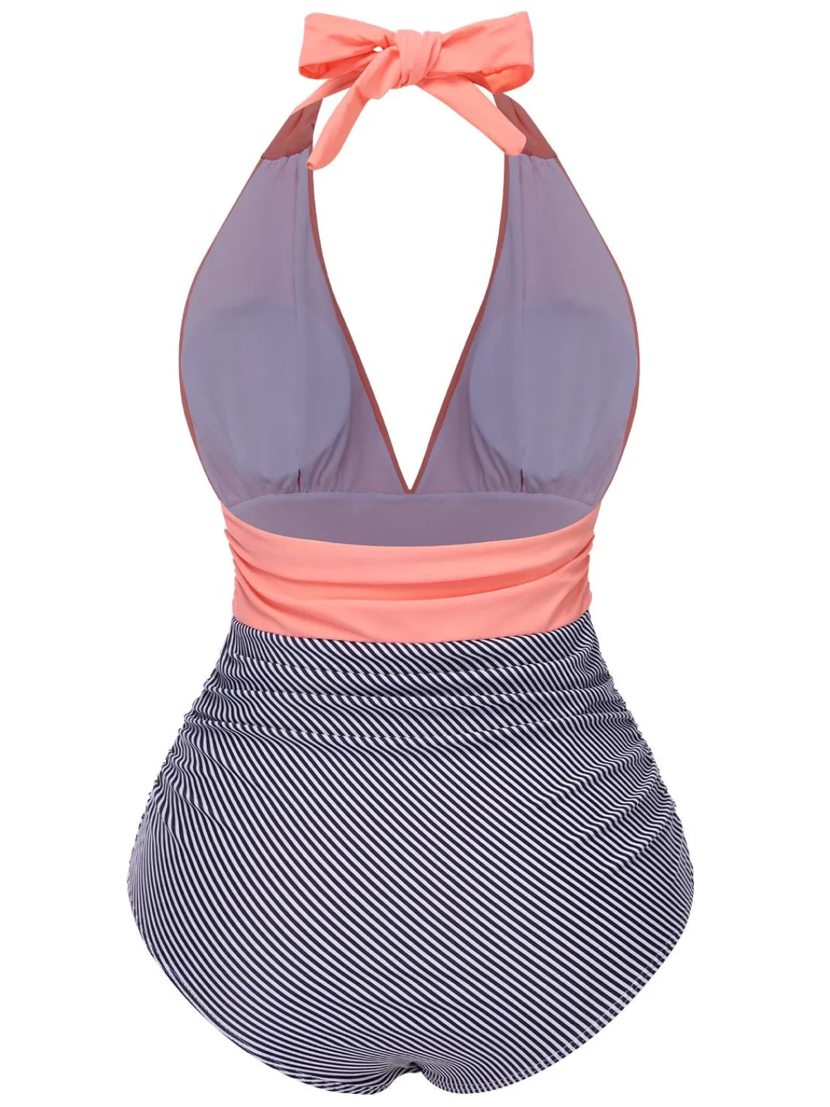 Online Retro Stage 1940s Stripes Backless Halter Ruched Swimsuit