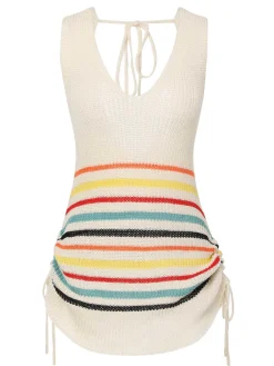 Discount Retro Stage 1960s Stripes Contrast Color Dress Beige