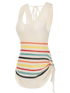 Discount Retro Stage 1960s Stripes Contrast Color Dress Beige