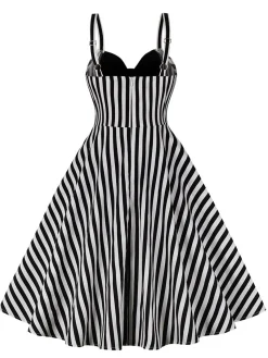 Outlet Retro Stage 1950s Stripes Contrast Patchwork Strap Dress