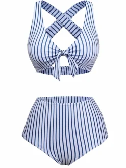 New Retro Stage 1950s Stripes Criss-Cross High-Waist Bikini Set Green