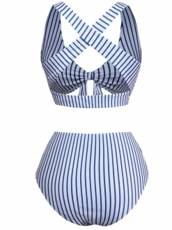 New Retro Stage 1950s Stripes Criss-Cross High-Waist Bikini Set Green