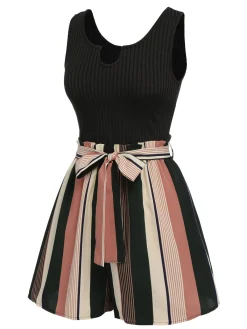New Retro Stage 1950s Stripes Knitted Belted Romper Black