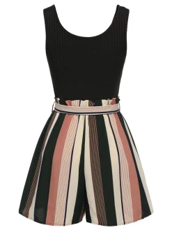 New Retro Stage 1950s Stripes Knitted Belted Romper Black