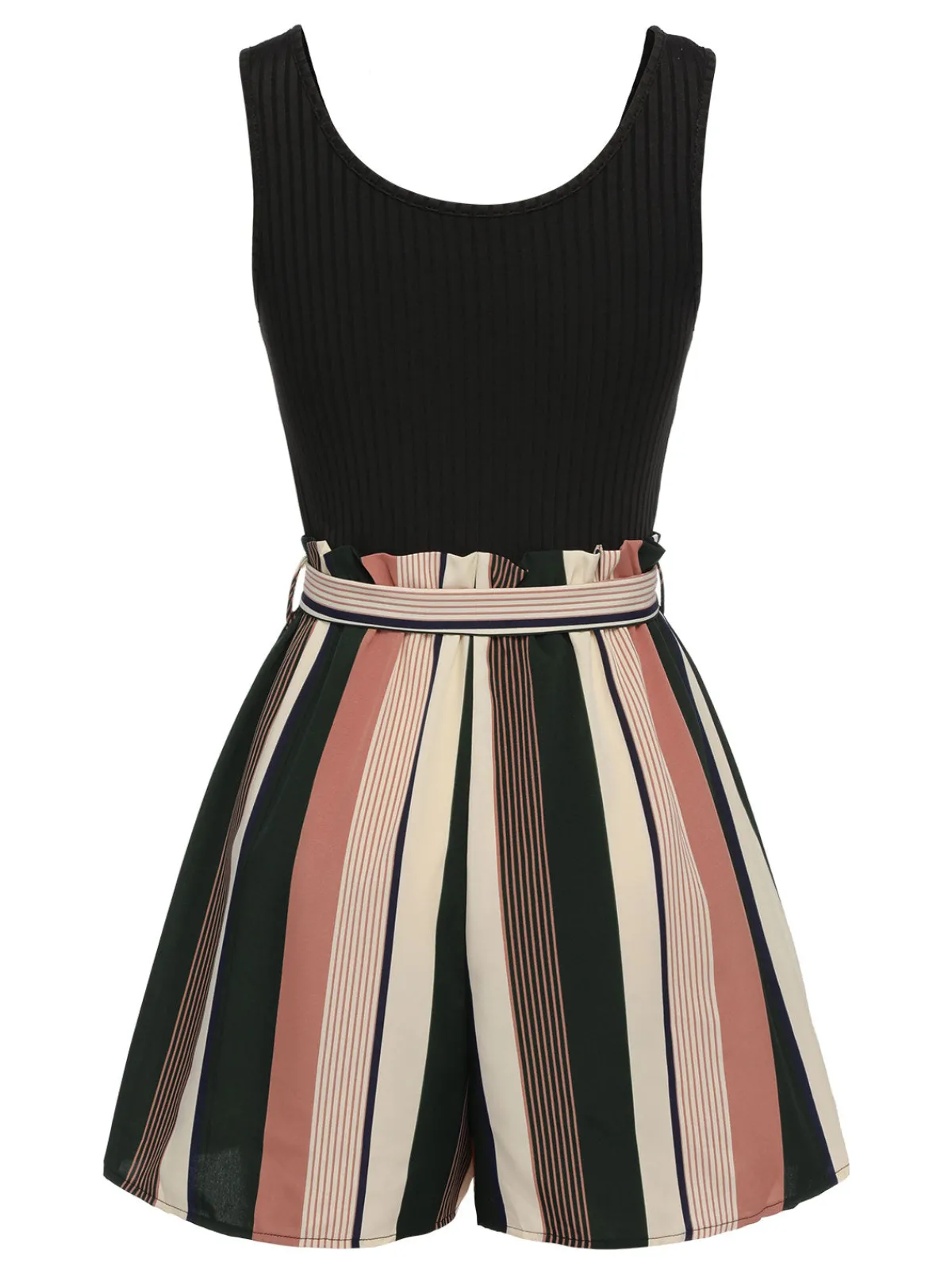 New Retro Stage 1950s Stripes Knitted Belted Romper Black