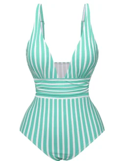 Sale Retro Stage 1950s Stripes Spaghetti Strap One-Piece Swimsuit