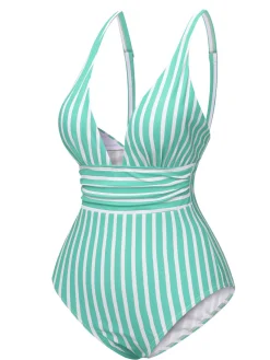 Sale Retro Stage 1950s Stripes Spaghetti Strap One-Piece Swimsuit