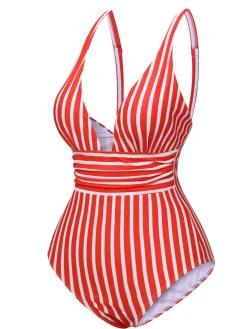 Outlet Retro Stage 1950s Stripes Spaghetti Strap One-Piece Swimsuit