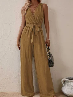 Fashion Retro Stage 1950s Surplice V-Neck Solid Belted Jumpsuit