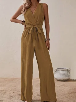 Fashion Retro Stage 1950s Surplice V-Neck Solid Belted Jumpsuit