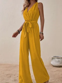 Fashion Retro Stage 1950s Surplice V-Neck Solid Belted Jumpsuit
