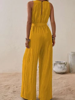 Fashion Retro Stage 1950s Surplice V-Neck Solid Belted Jumpsuit