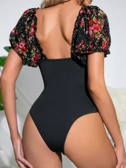 Clearance Retro Stage 1960s Sweetheart Neck Puff Sleeve Lace Ruffles Bodysuit Black