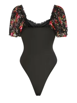 Clearance Retro Stage 1960s Sweetheart Neck Puff Sleeve Lace Ruffles Bodysuit Black