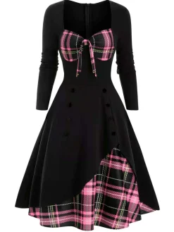Online Retro Stage 1950s Sweetheart Plaid Patchwork Dress Black